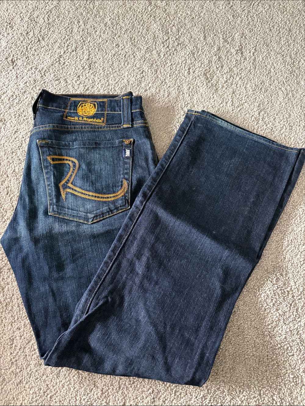Rock & Republic Indigo Jeans with Gold Stitching